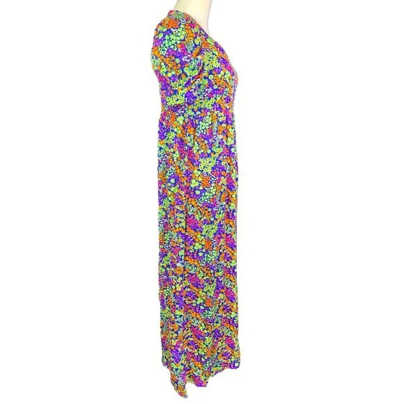 1960s / 1970s Handmade OOAK Neon Floral Psychedelic Day Glo Maxi Dress EUC - Picture 3 of 7